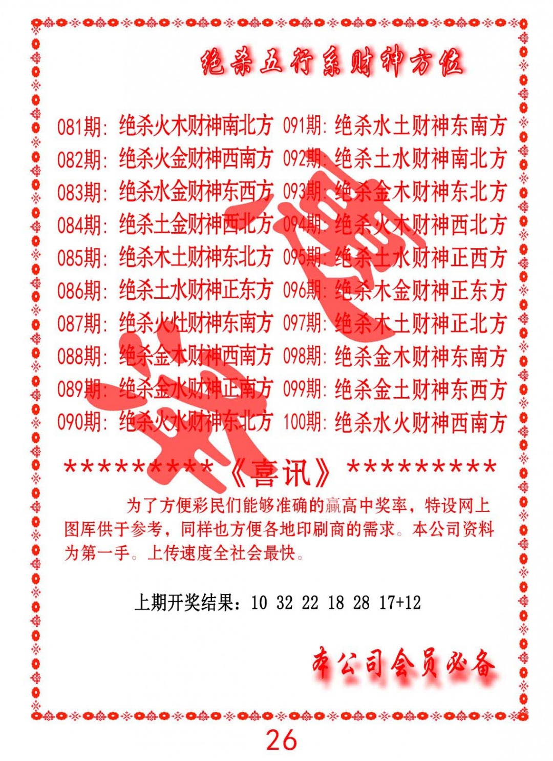 100期绝杀五行及财神方位[图]